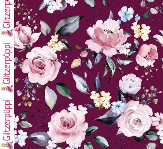 Jersey Stoff digital bedruckt Rosen Weinrot
